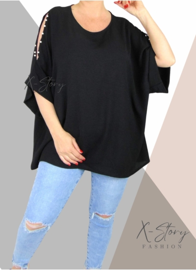 Vállán kivágott, gyöngyökkel díszített felső (fekete)