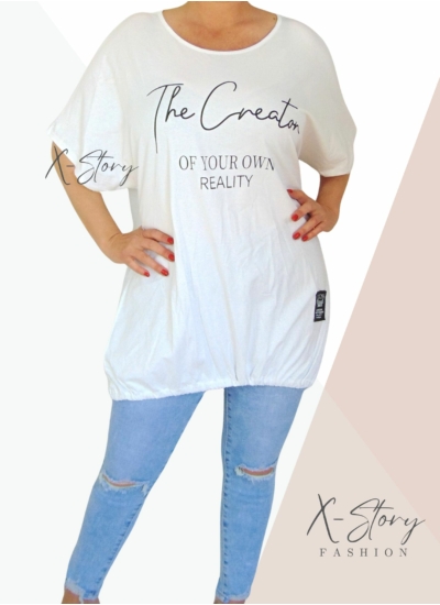 Extra bő fazonú, alul összehúzható pamut tunika (fehér)