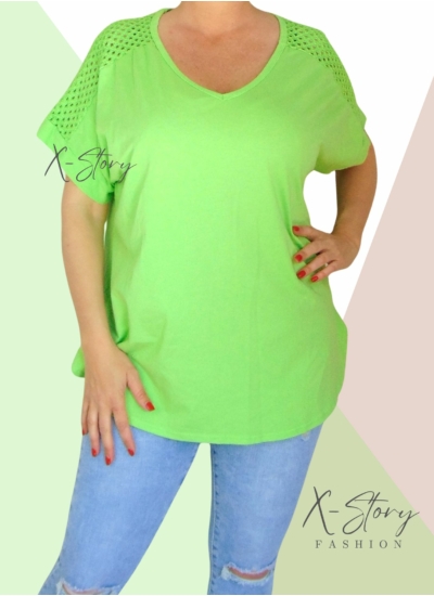 Vállán horgolt, hátul hosszított, laza fazonú felső (kivi)