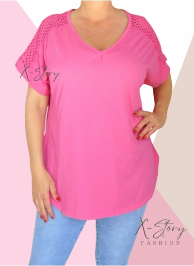 Vállán horgolt, hátul hosszított, laza fazonú felső (pink)