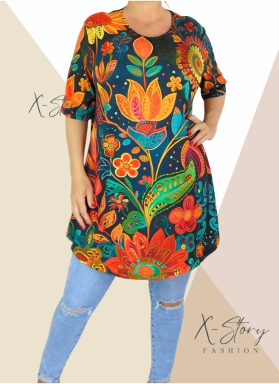 Kereknyakú , laza fazonú mintás tunika