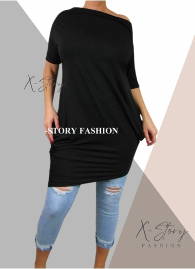 Ejtett vállú rövidujjas zsákruha (fekete)