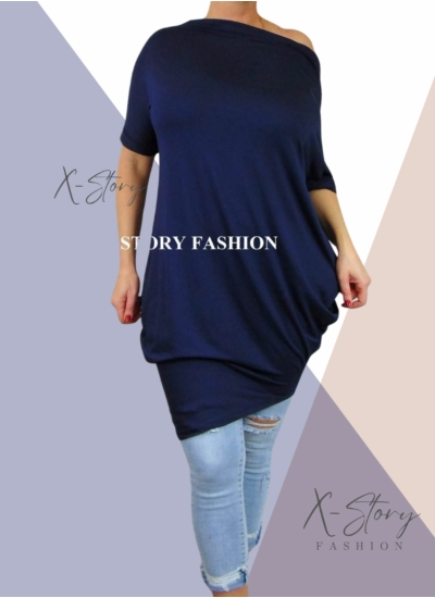 Ejtett vállú rövidujjas zsákruha (sötétkék)