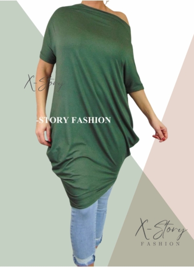 Ejtett vállú rövidujjas zsákruha (khaki)