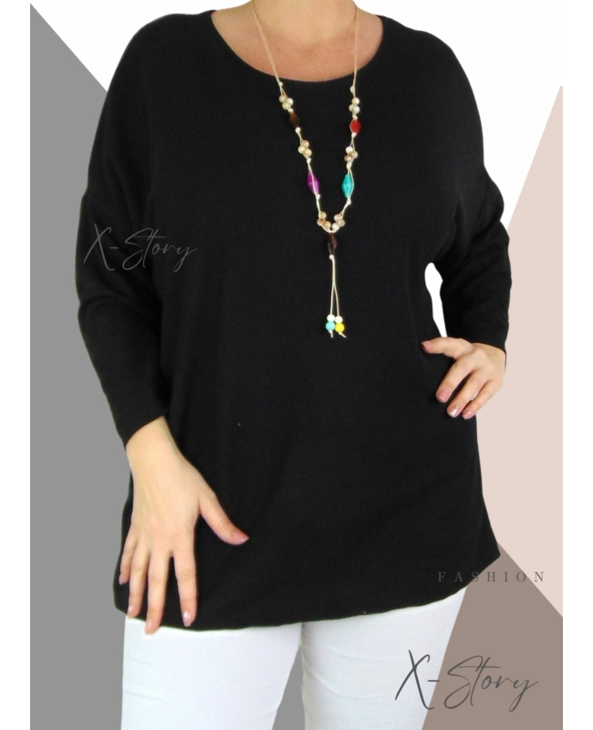 Laza fazonú, cérnakötött felső, nyaklánccal (fekete)