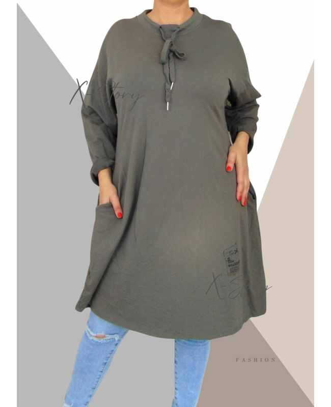 Prémium pamut anyagú, bő fazonú pulcsiruha (homokbarna)