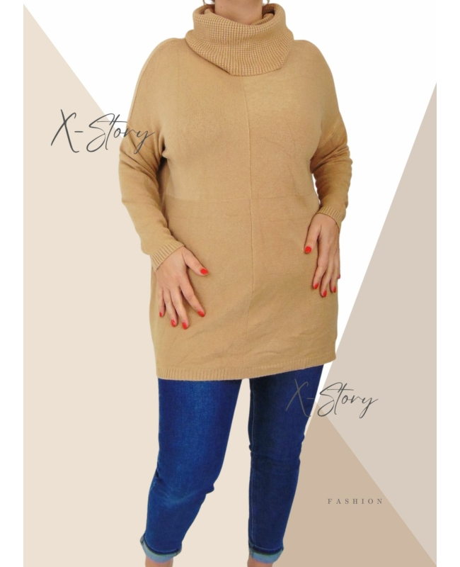 Bő fazonú, kötött anyagú garbós pulóver (világosbarna)