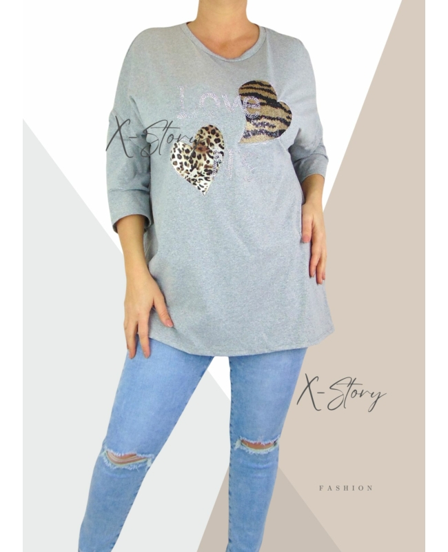 Kövekkel díszített, laza fazonú felső (szürke)