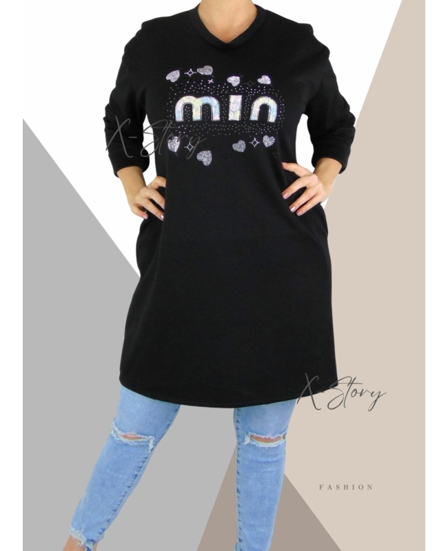 Kövekkel díszített, zsebes tunika (fekete)