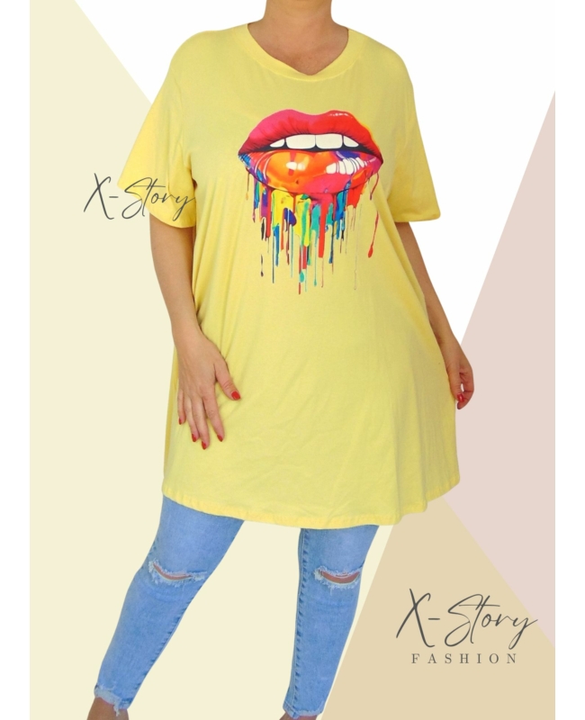 Színes szájmintás, extra bő fazonú hosszított felső (sárga)
