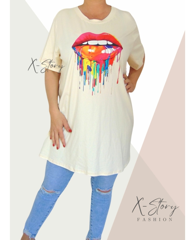 Színes szájmintás, extra bő fazonú hosszított felső (krém)