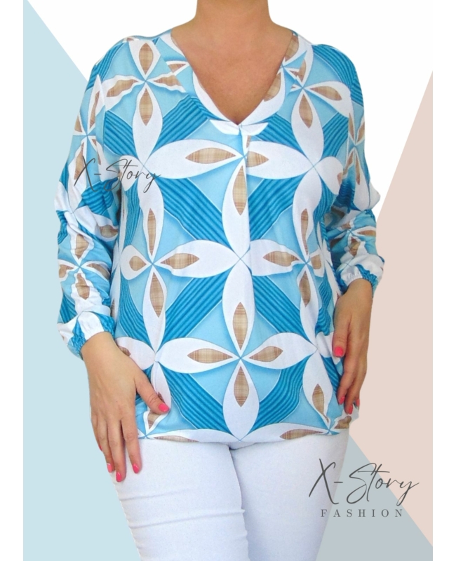 "V" dekoltál, gumis aljú, mintás felső