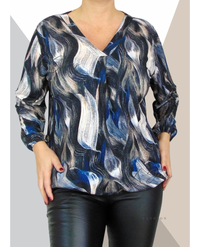 "V" dekoltál, gumis aljú, mintás felső