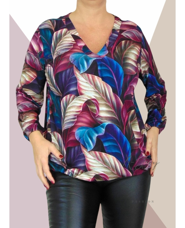 "V" dekoltál, gumis aljú, mintás felső