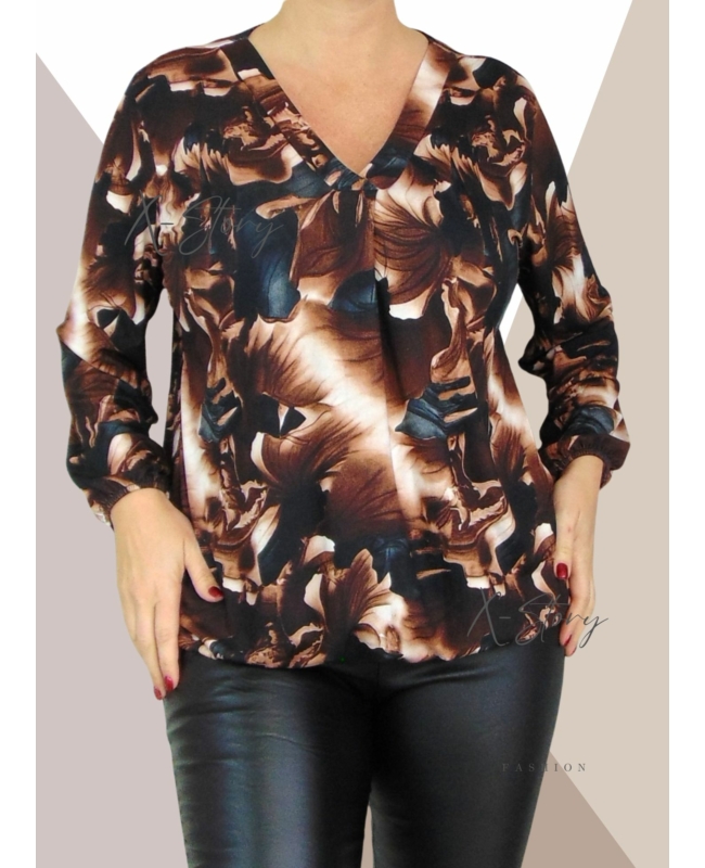 "V" dekoltál, gumis aljú, mintás felső