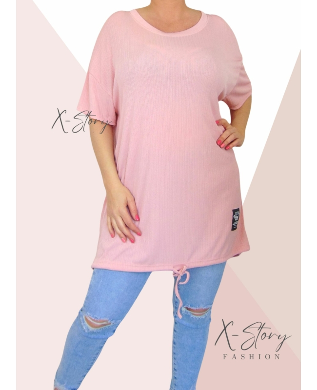 Bordázott anyagú, alul köthető laza fazonú tunika (babarózsaszín)