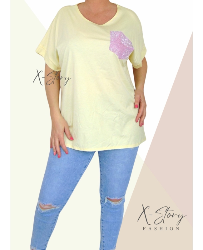 Bő fazonú, kövekkel díszített póló (sárga)