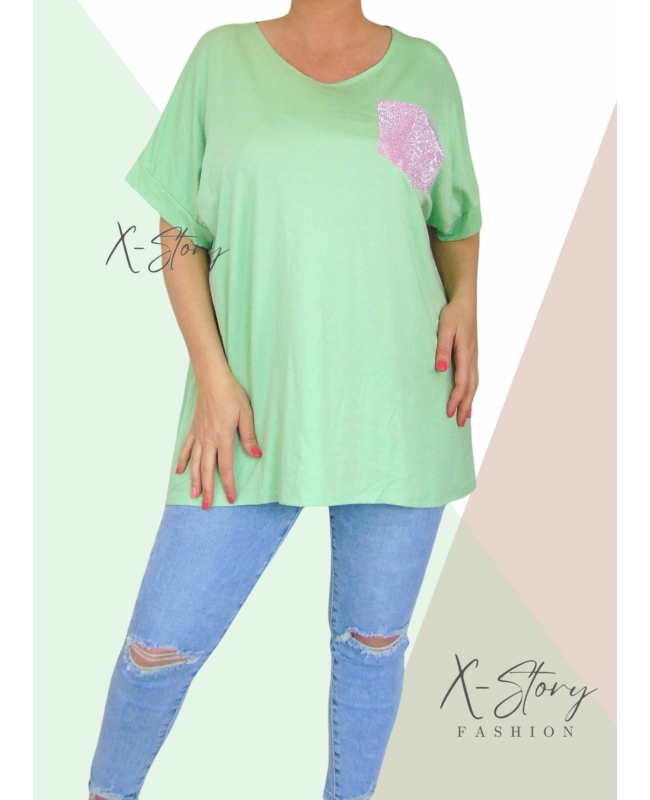 Bő fazonú, kövekkel díszített póló (világoszöld)