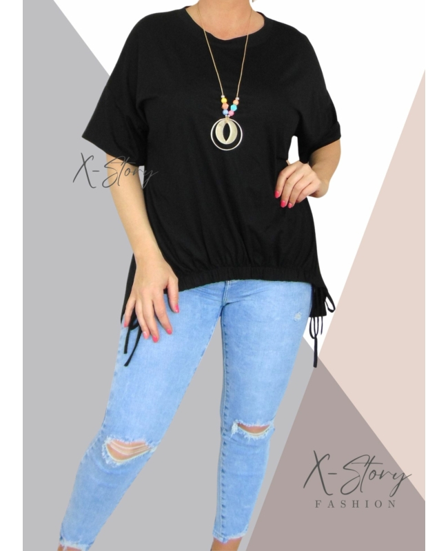 Elöl gumírozott , laza fazonú felső, nyaklánccal (fekete)