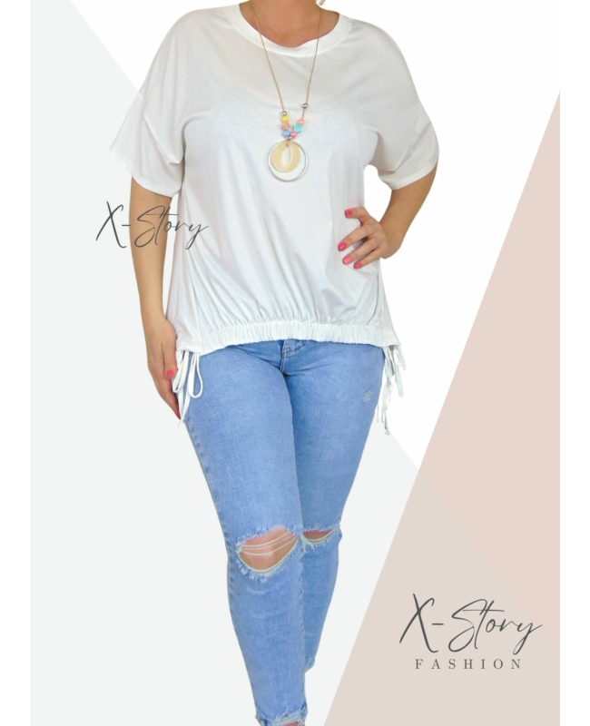 Elöl gumírozott , laza fazonú felső, nyaklánccal (fehér)