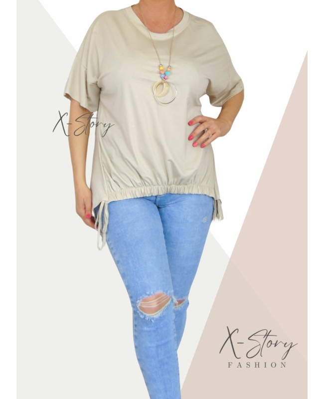 Elöl gumírozott , laza fazonú felső, nyaklánccal (világosbézs)