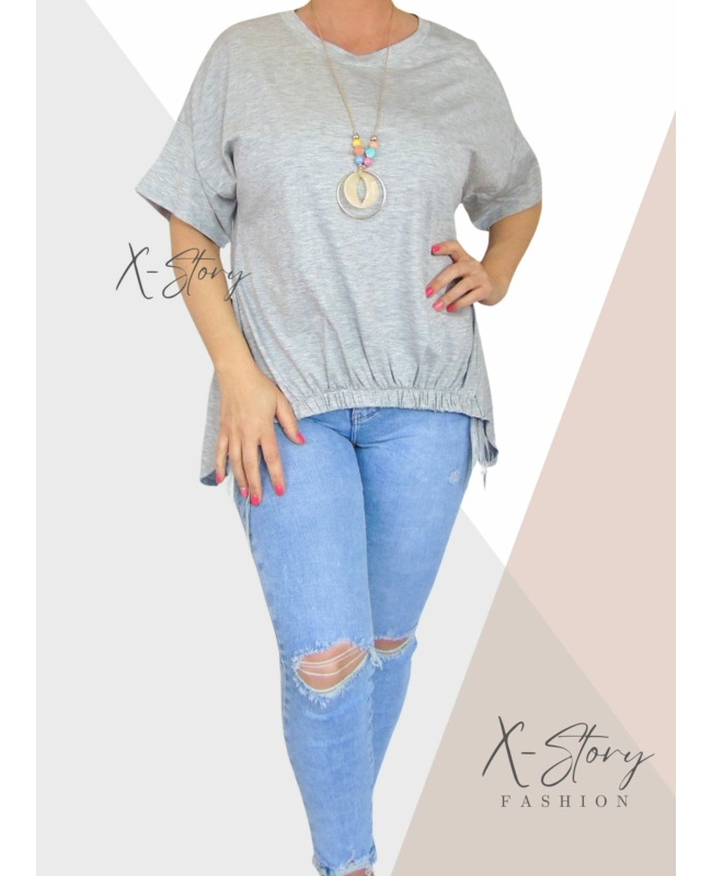 Elöl gumírozott , laza fazonú felső, nyaklánccal (világosszürke)