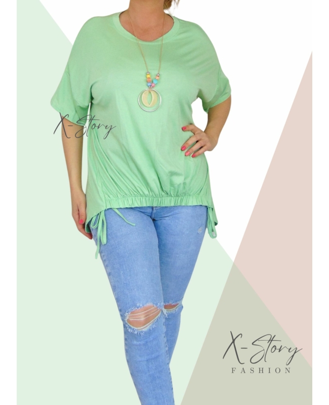 Elöl gumírozott , laza fazonú felső, nyaklánccal (világoszöld)