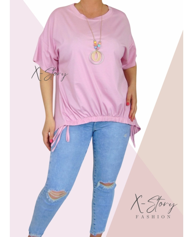 Elöl gumírozott , laza fazonú felső, nyaklánccal (babarózsaszín)