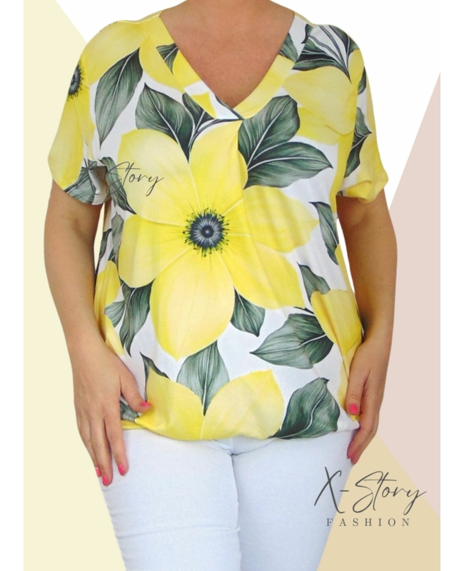 "V" dekoltál, gumis aljú, mintás felső