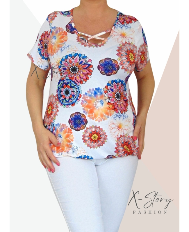 Mellnél pántos,  gumis aljú, mintás felső