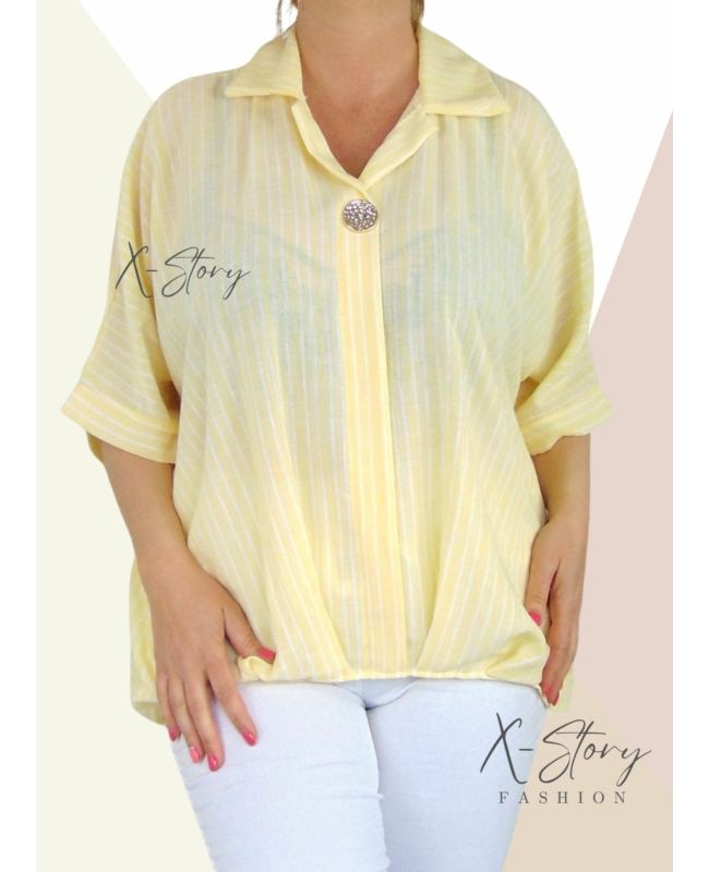 Csíkos, gézvászon felső, díszgombbal (sárga)