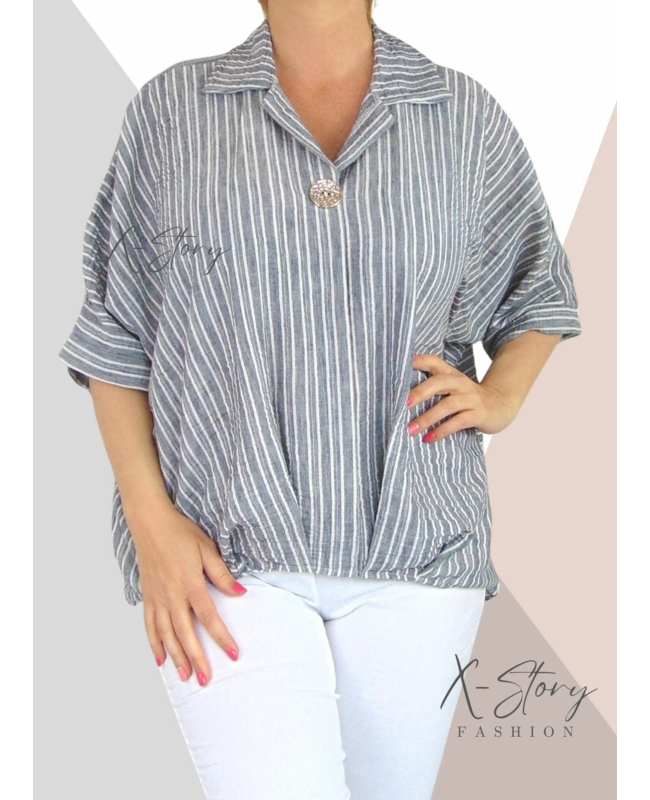 Csíkos, gézvászon felső, díszgombbal (szürke)