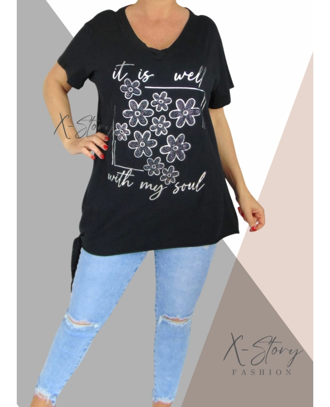 Oldalt kötős, pamut felső, strasszkövekkel díszítve (fekete)