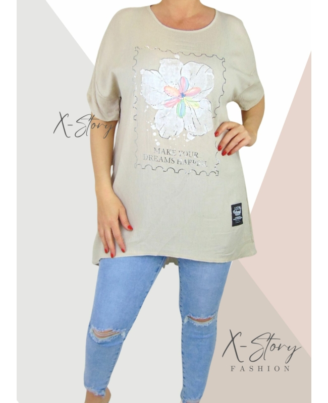 Gyűrt anyagú, virágdíszes tunika (világosbézs)