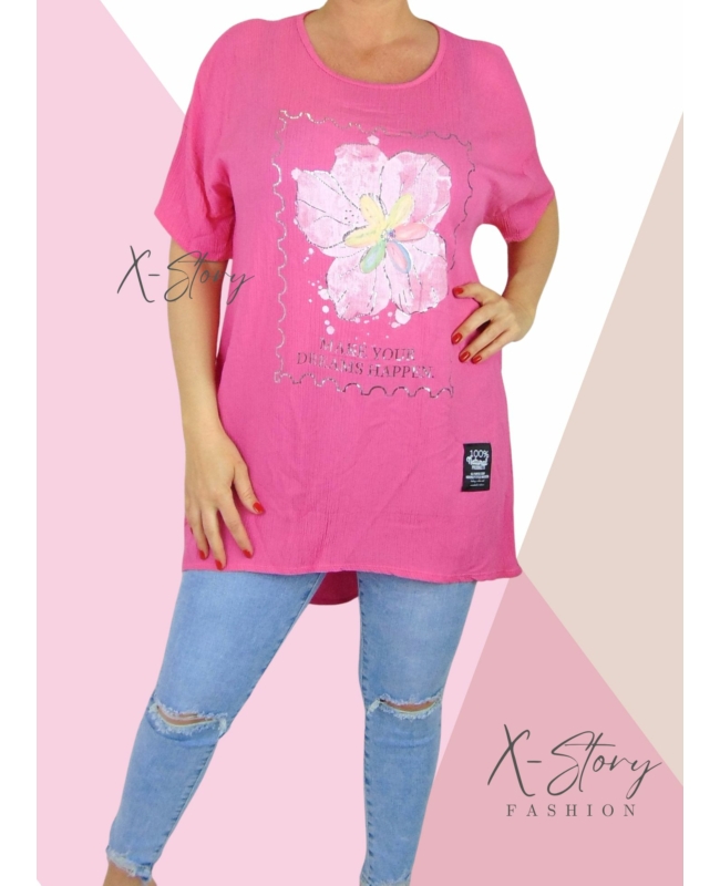 Gyűrt anyagú, virágdíszes tunika (pink)