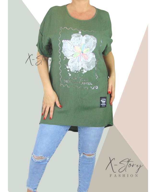 Gyűrt anyagú, virágdíszes tunika (khaki)