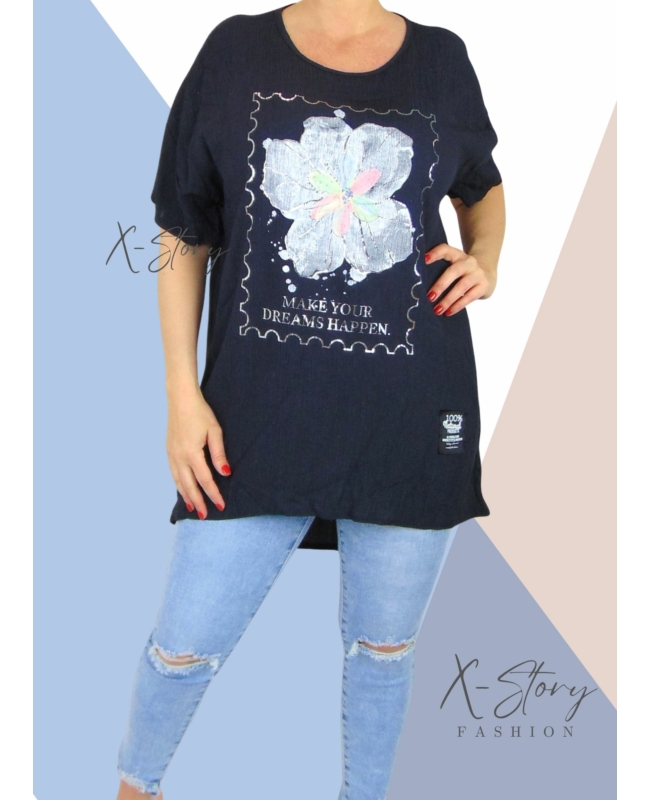 Gyűrt anyagú, virágdíszes tunika (sötétkék)