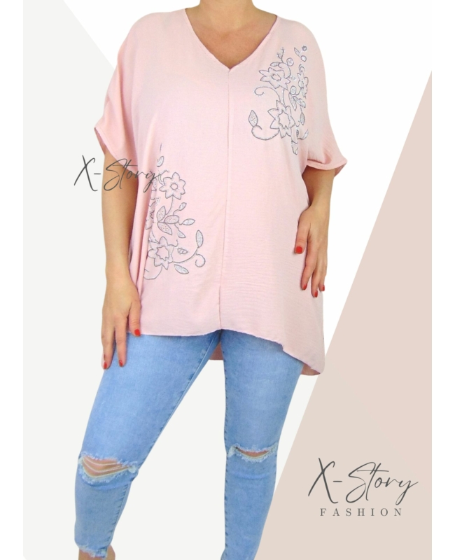 Strasszkövekkel díszített, bő fazonú blúz (púder)