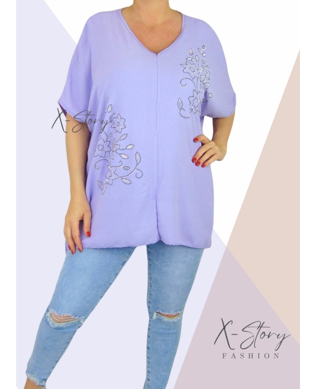 Strasszkövekkel díszített, bő fazonú blúz (lila)