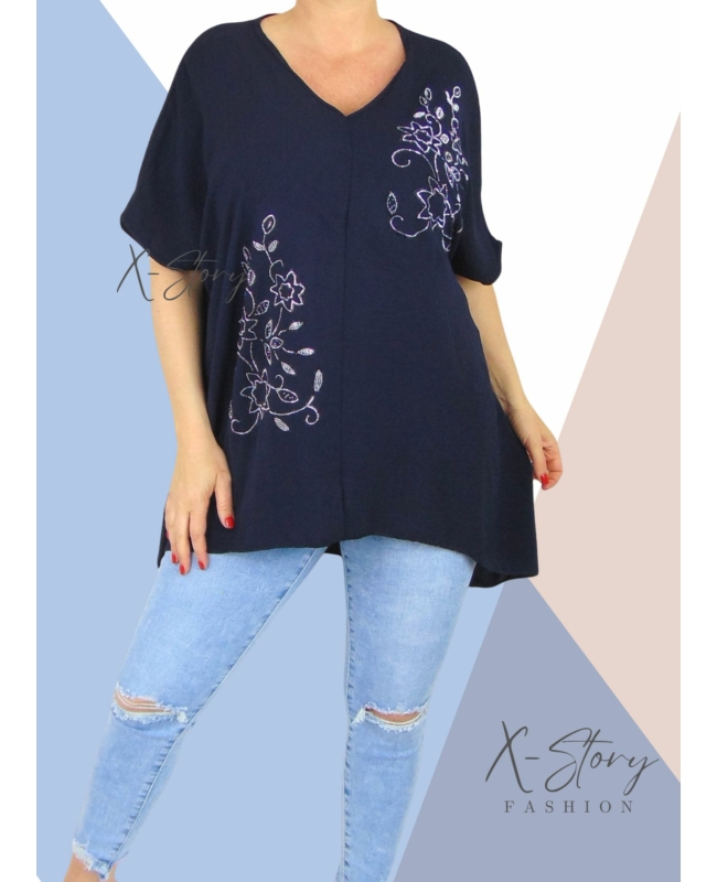 Strasszkövekkel díszített, bő fazonú blúz (sötétkék)