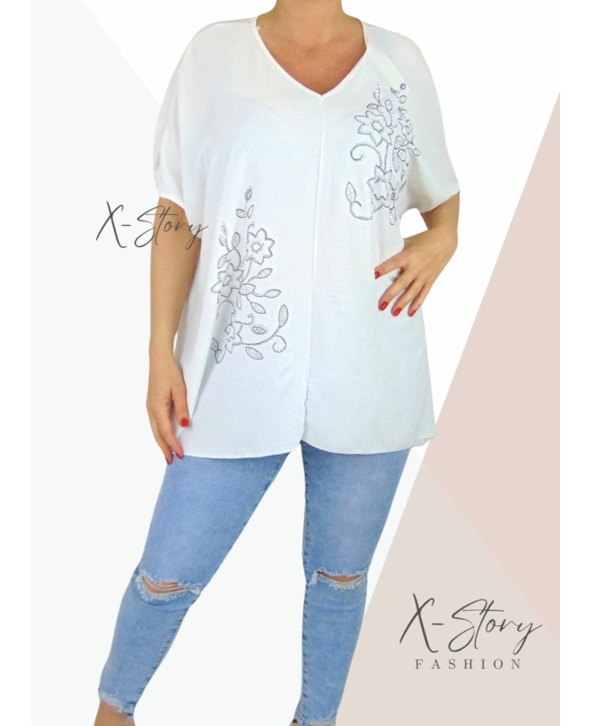 Strasszkövekkel díszített, bő fazonú blúz (fehér)