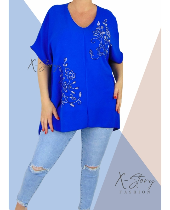 Strasszkövekkel díszített, bő fazonú blúz (királykék)