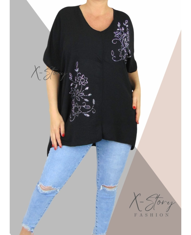 Strasszkövekkel díszített, bő fazonú blúz (fekete)