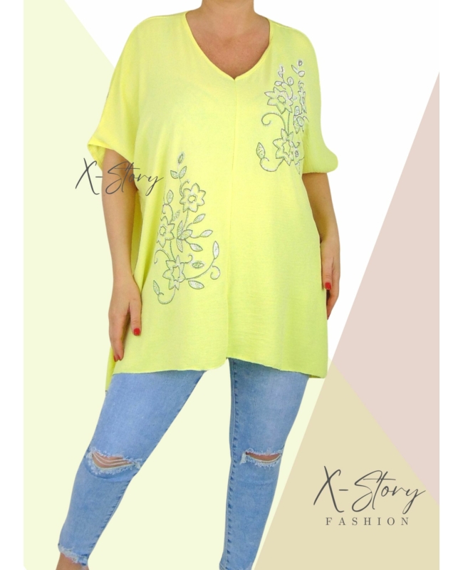 Strasszkövekkel díszített, bő fazonú blúz (sárga)