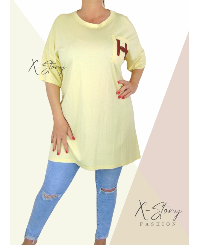 Zsebénél bőrrel díszített, pólótunika (sárga)