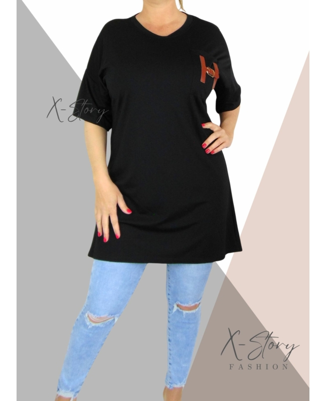 Zsebénél bőrrel díszített, pólótunika (fekete)