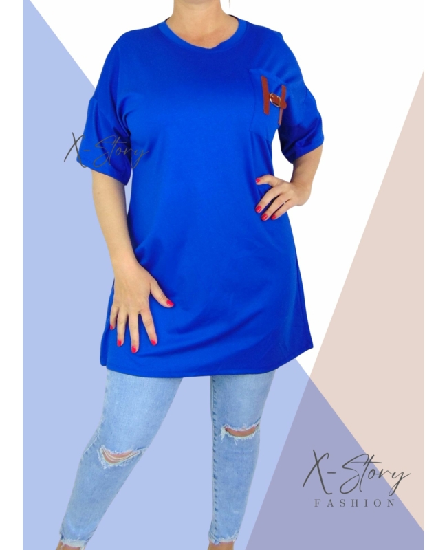 Zsebénél bőrrel díszített, pólótunika (királykék)