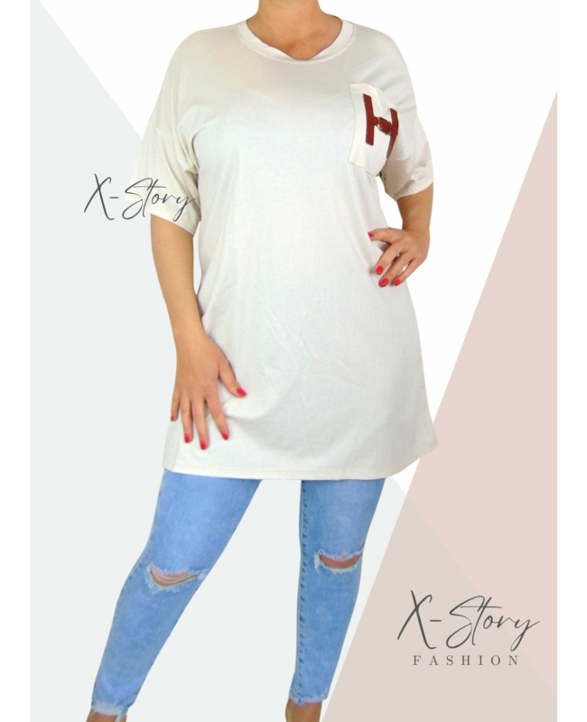 Zsebénél bőrrel díszített, pólótunika (világosbézs)