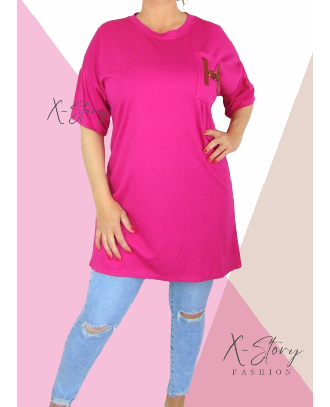 Zsebénél bőrrel díszített, pólótunika (pink)