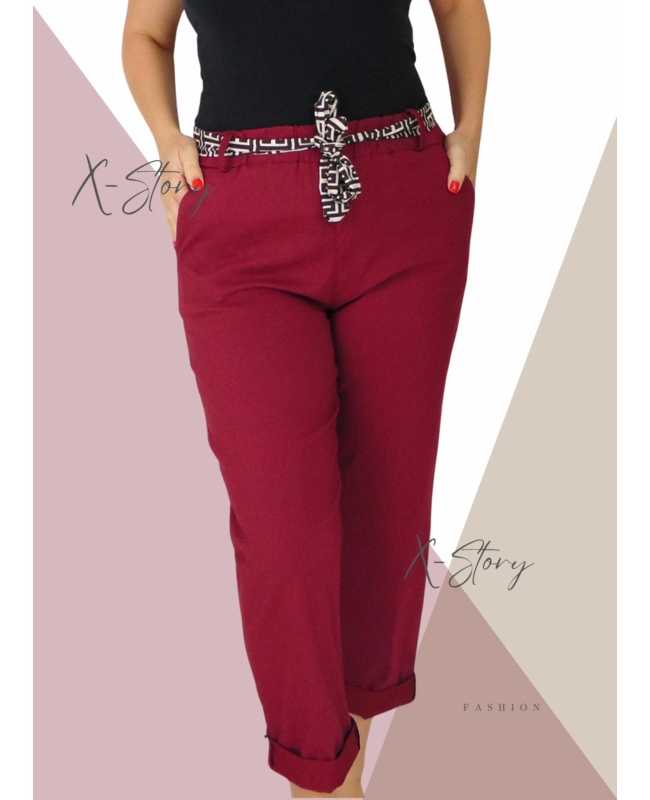 EXTRA méretű gumisderekú nadrág, selyem övvel (bordó)